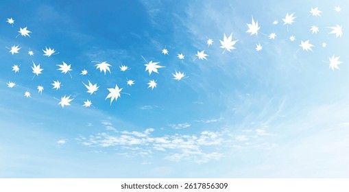 Maple leaves dancing in the wind against the blue sky, illustration of white-outlined leaves