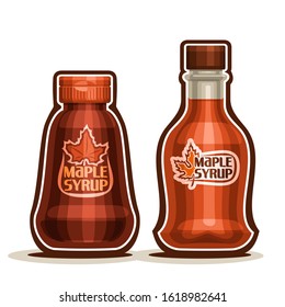 Maple Syrup Bottles, Jar Sweet Maple Nectar With Plastic Cap, Souvenir Glass Bottle Of Canadian Syrup With Leaf On Label, Isolated On White Background, Vermont Liquid Dessert For Breakfast.