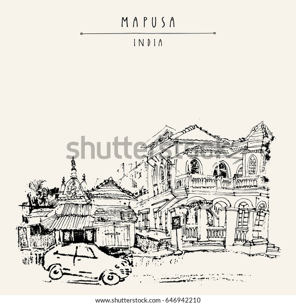 Mapusa (Mapsa),\
Goa, India. Old Portuguese buildings and a car in the street.\
Artistic drawing. Travel sketch. Vintage hand drawn postcard,\
poster or book\
illustration