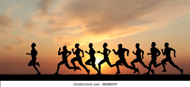 Marathon, black silhouettes of runners on the sunset - Powered by Shutterstock