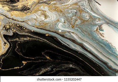 Marble Abstract Acrylic Background. Marbling Artwork Texture. Agate Ripple Pattern. Gold Powder.