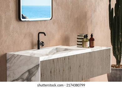 Marble Basin Standing On A Wooden Bathroom Furniture. A Square Mirror Hanging On A Old 
 Beige Wall. A Close Up. Front View. 3d Rendering
