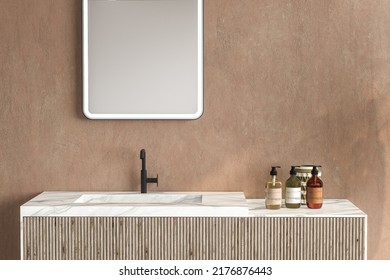 Marble Basin Standing On A Wooden Bathroom Furniture. A Square Mirror Hanging On A Old Beige Wall. A Close Up. Front View. 3d Rendering
