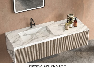 Marble Basin Standing On A Wooden Bathroom Furniture. A Square Mirror Hanging On A Old Beige Wall. A Close Up. Front View. 3d Rendering
