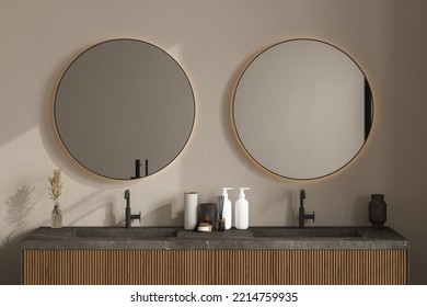 Marble Basin Standing On A Wooden Bathroom Furniture. Double Oval Mirrors Are Hanging On A Beige Wall. A Close Up. Front View. 3d Rendering