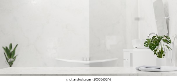 Marble Bathroom Tabletop For Montage With Towel And Minimal Houseplant Over Modern Elegance White Bathroom Interior In Background. 3d Rendering, 3d Illustration