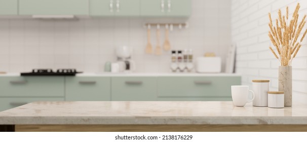 Marble kitchen countertop and coffee cup  sugar   coffee jar  minimal vase and dried flowers   copy space for product display against blurred kitchen background  3d rendering  3d illustration