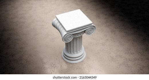 Marble Pillar Column, Ancient Classic Greek Pedestal On Stone Floor Background. Above View. Copy Space Template For Presentation. 3d Render

