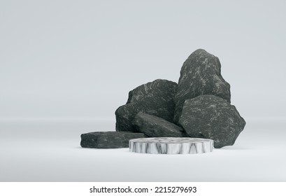 Marble Plinth Base With Pile Of Black Broken Stones On Abstract White Background Exhibition Area, Studio Or Cosmetic And Advertising Stage. 3D Render Illustration