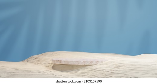 Marble Podium On Sand Background For Product Presentation. Natural Beauty Pedestal, 3d Illustration