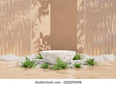 Marble product display podium abstract summer background. Natural stone pedestal with green fern plants on an island of small stones with water. 3D rendering.