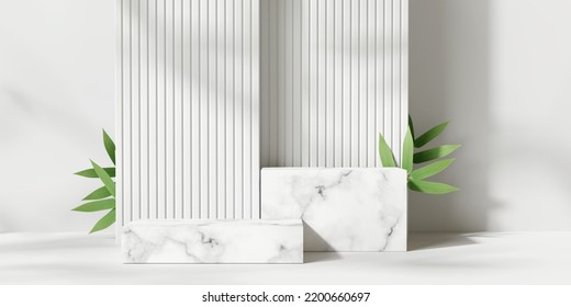 Marble Product Display Podium With Bamboo Nature Leaves On White Background. 3D Rendering	
