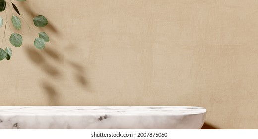 Marble Product Display Podium With Nature Leaves On Brown Background. 3D Rendering