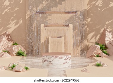 Marble product display podium with waterfall golden slabs and fern plants. Summer 3d stand for product display. 3D rendering.