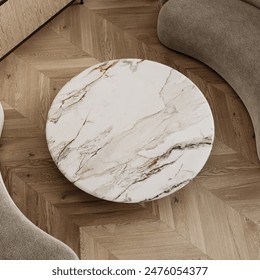 Marble round coffee table on wood chevron floor. Top view. 3d render illustration mockup.