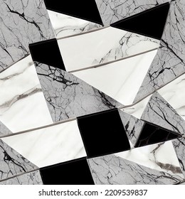 Marble Seamless Texture From Different Pieces And Color. Abstract Geometric Background. Irregular Shape Stone Mosaic. Tiled Surface With Marbled Design. Granite Rock Natural Pattern. 3D Illustration