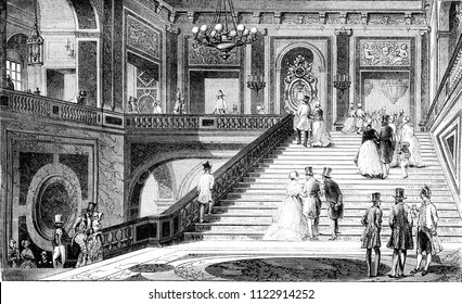 The marble staircase in the castle of Versailles, vintage engraved illustration. Magasin Pittoresque 1844.