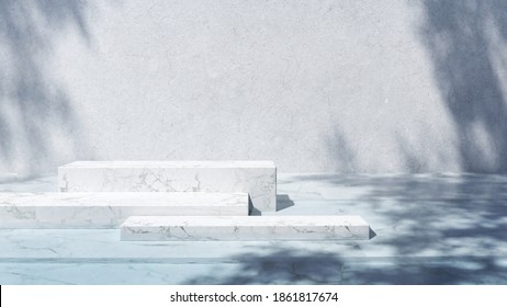 Marble Stone Podium On The Water With White Concrete Background, Mock-up Scene With Sunshade For Product Display Or Cosmetic Presentation. Cool Winter Mood. Realistic Rendering, 3D Illustration.