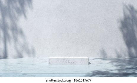 Marble Stone Podium On The Water With White Concrete Background, Mock-up Scene With Sunshade For Product Display Or Cosmetic Presentation. Cool Winter Mood.  Realistic Rendering, 3D Illustration.