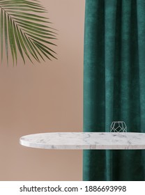 Marble Table Top With Green Velvet Curtain Tropical Background For Product Placement 3d Render 