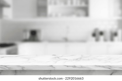 Marble table top with kitchen blurry loose focal background. contemporary 3D render scene. Close up photo of kitchen island