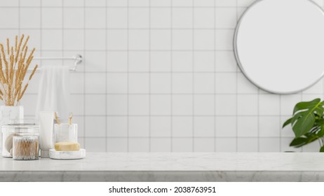 Marble table top with soap, toothbrush, cotton buds, decor and mockup space for montage over minimalist and clean bathroom background, 3d rendering, 3d illustration
