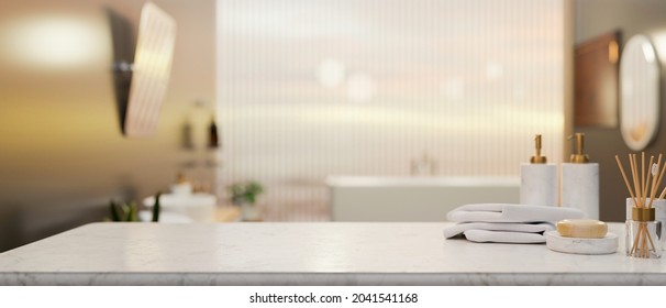Marble Tabletop With Toiletry And Mockup Space For Product Display Over Blurred Elegance Bathroom Interior In Background, 3d Rendering, 3d Illustration