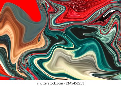 Marble Texture Seamless Pattern Background. Textile Seamless Pattern, Vivid Fluid Art. Ebru Aqua Ink Painting On Water. Wavy Lines, Liquid Ripples, Red  Green Abstract Liquify Marbling.