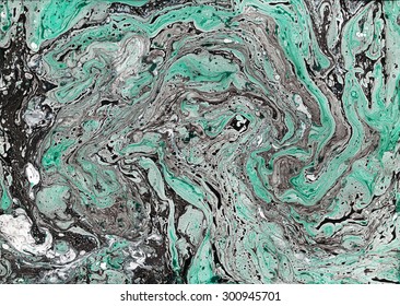 Marble texture. Turquoise and black paints. Unique artistic technique. Unusual creative design. Beautiful acrylic background. Abstract art. Watercolour waves. Horizontal wallpaper.