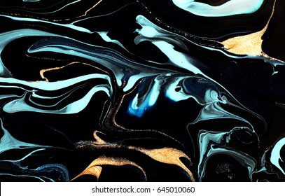 Marbled Dark, Blue And Gold Abstract Background. Liquid Marble Pattern.