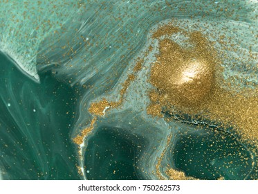 Marbled Green Abstract Background With Golden Sequins. Liquid Marble Ink Pattern.