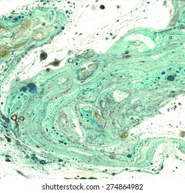 Marbled Old Paper. Abstract Painting. Rich Glamour Luxury Background. Retro Vintage Antique Style. Boho, Bohemian. Hand Made Technique, Genuine Original Effect. Green Turquoise Blue Beige Brown White