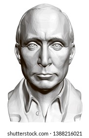 March 08, 2019. Statue of Vladimir Vladimirovich Putin. Polygonal bust of Putin. 3D illustration