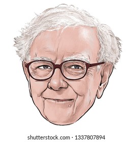 March 14, 2019 Caricature of Warren Edward Buffett, Warren Buffett, Investor , Businessman Millionaire Portrait Drawing Illustration.