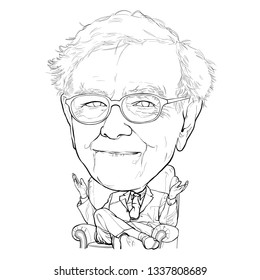 March 14, 2019 Caricature of Warren Edward Buffett, Warren Buffett, Investor , Businessman Millionaire Portrait Drawing Illustration.