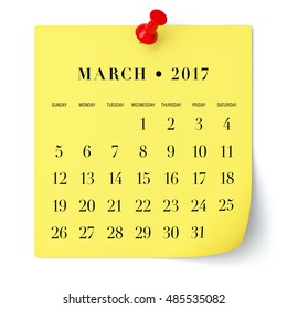 March 2017 - Calendar. Isolated on White Background. 3D Illustration - Shutterstock ID 485535082
