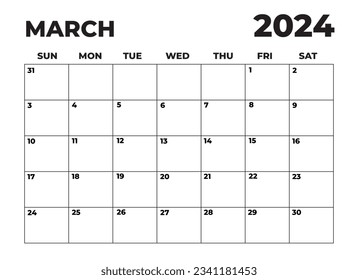 March 2024 Black and White Sunday Start Landscaped Monthly Planner, Sunday Start Calendar 2024, Landscape Organizer, 2024 Monthly Event Planner, 2024 Editable Sunday Start Calendar - Powered by Shutterstock