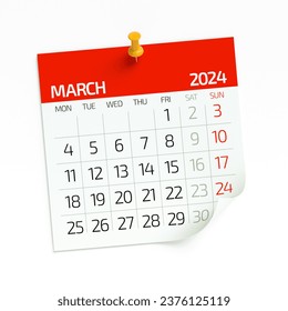 March 2024 - Calendar. Isolated on White Background. 3D Illustration - Powered by Shutterstock