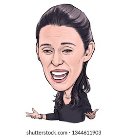 March 21, 2019 Caricature Prime minister of New Zealand Jacinda Kate Laurell Ardern an Portrait Drawing Illustration.