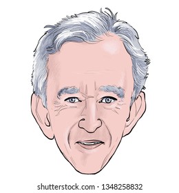 March 25, 2019 Caricature Of Bernard Arnault, Investor, Businessman Millionaire Portrait Drawing Illustration.