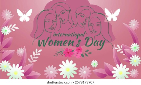 March 8 International Women's Day Linear Design - Spring Themed Photography with Women Faces, Butterflies and Daisy Patterns on Pink Background