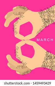 March 8. Male Hand With Finger Symbol Figure Eight. Sign International Women's Day. Spring Holiday