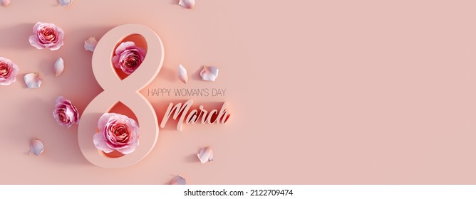 March 8 Women's Day Banner With Flowers And Text On Salmon Pink Background 3D Rendering, 3D Illustration