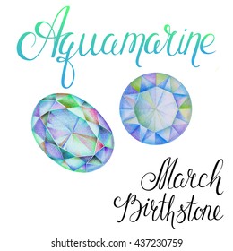 March Birthstone Aquamarine Isolated On White Background. Close Up Illustration Of Gems Drawn By Hand With Colored Pencils. Realistic Faceted Stones.