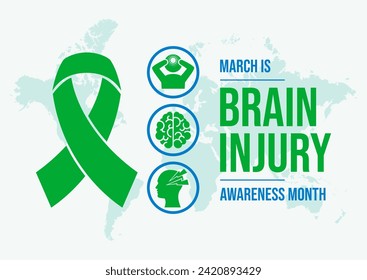 March is Brain Injury Awareness Month poster illustration. Green awareness ribbon, human brain and head silhouette round icon set. March each year - Powered by Shutterstock