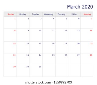 March Calendar 2020 Copy Space Table Stock Illustration 1559992703 ...