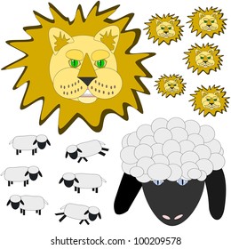 March Lion And Lamb.  Illustration Of The Symbols Of Weather In March. In Like A Lion (stormy), Out Like A Lamb (nice And Sunny) Is The Preference.