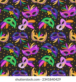 Mardi Gras Carnevale Masquerade Masks on Midnight Gray Seamless Pattern Design - Powered by Shutterstock