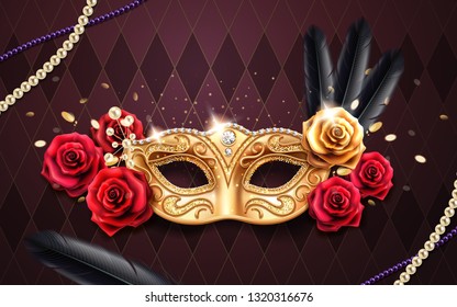 Mardi Gras Carnival Banner With Mask And Rose Flower, Feather, Beads Or Chaplet. Masquerade Costume Part On Venice Festival Banner. Colombina Mask With Lace. Venetian Festive Flyer, Party Poster