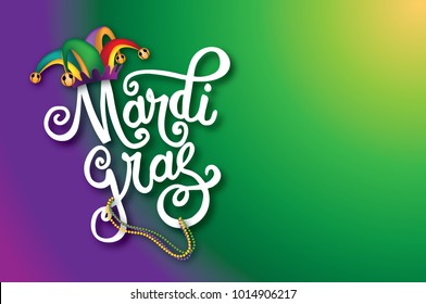 Mardi Gras (fat Tuesday) background with hand drawn lettering wearing a cartoon jester hat. 